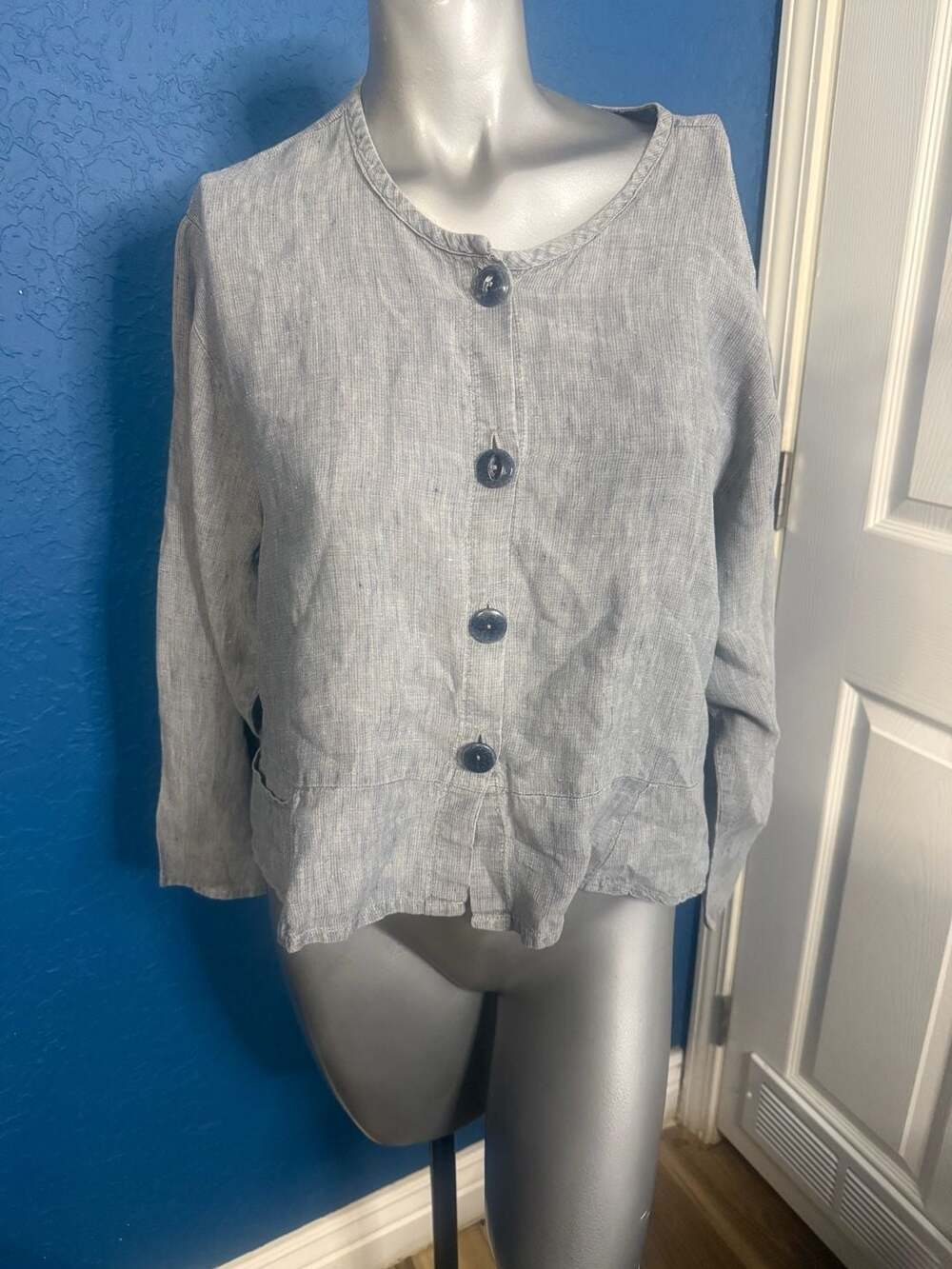 FLAX by Jeanne Engelhart 100% Linen Gray Striped Button-Front Jacket Top